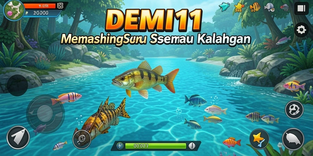 Screenshot gameplay DEMI11 menampilkan aksi memancing yang seru.