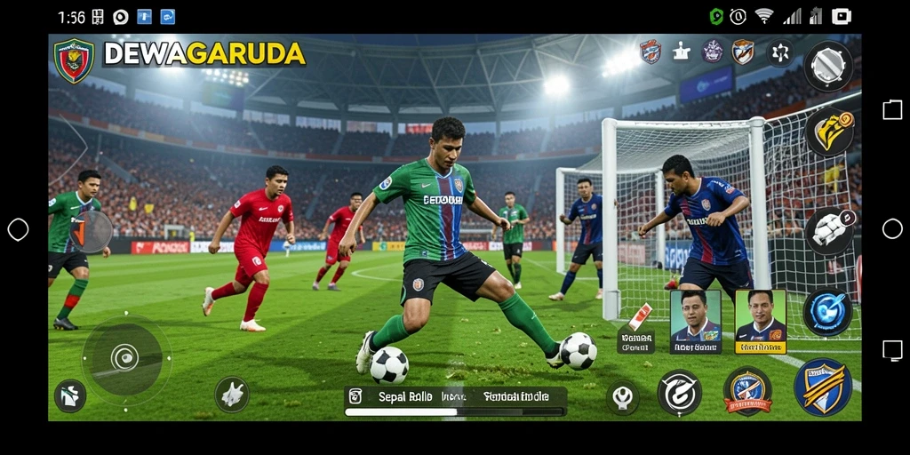 Tampilan gameplay DEWAGARUDA yang penuh aksi di lapangan sepak bola.