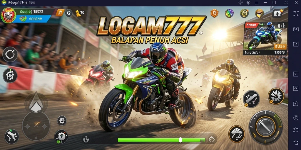 Tampilan gameplay LOGAM777 yang mendebarkan dalam aksi balapan motor.