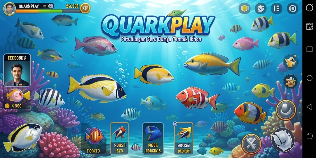 Tampak gameplay seru dalam <strong>QUARKPLAY</strong> dengan ikan berwarna-warni.
