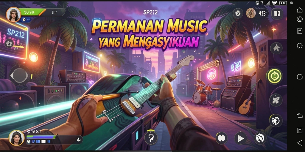 Screenshot utama SP212 menampilkan gameplay musik yang seru.