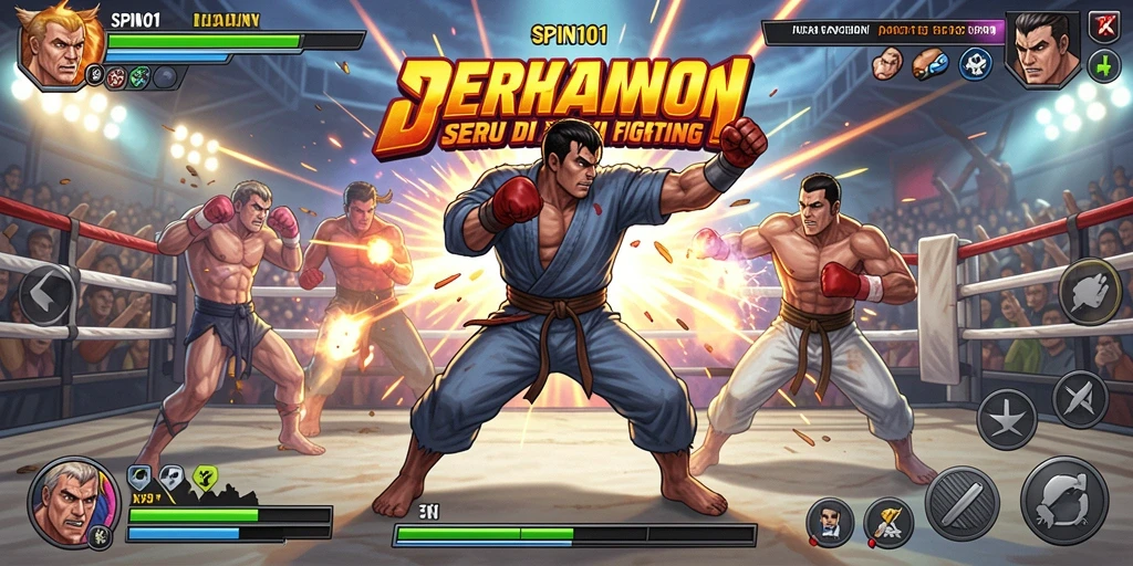 Tampilan pertarungan seru dalam SPIN101 dengan karakter yang beragam.